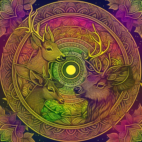 Couple Ezo deer、vector art, psychedelic、EZO Deer logo、Deer line art logo、Colored leaves、cherry trees、naturey、the setting sun, sunset、Full of life，hightquality、mandala(mandalas)、psychedelic aesthetic、3 pastel colors, verdant、simple 、It features a simple、Coe...