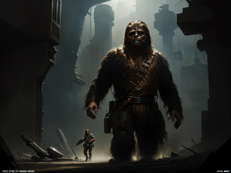 Chewbacca From The Movie Star Wars Cover art by Jeremy Geddes, Frank Frazetta and robert McGinnis, insanely detailed, concept art by Ismail Inceoglu, Leonardo da Vinci and Mario Dubsky, fine art, dramatic light, sharp focus, high contrast, gorgeous, hyperm...