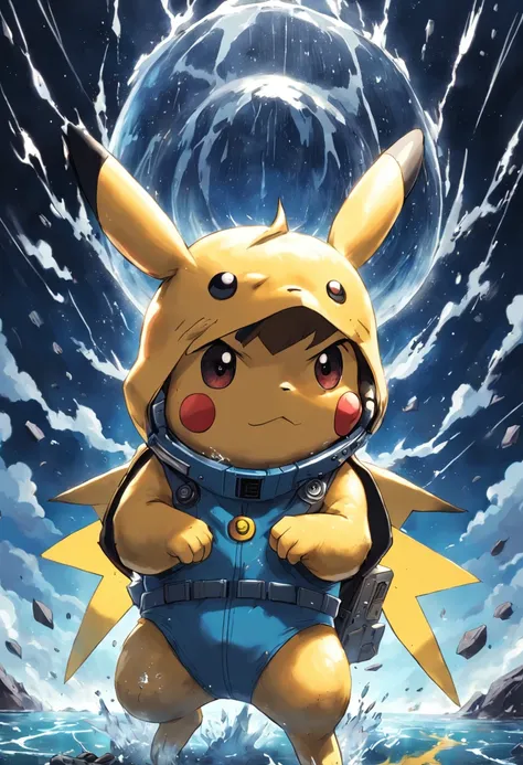 master part,best quality, illustration, Pikachu vestindo traje espacial,belo brilho detalhado,(chamas de guerra:1.2),(The nuclear explosion is hidden:1.3),Chuva,Detailed lighting,detailed water,(belos olhos detalhados:1.1),no expression,