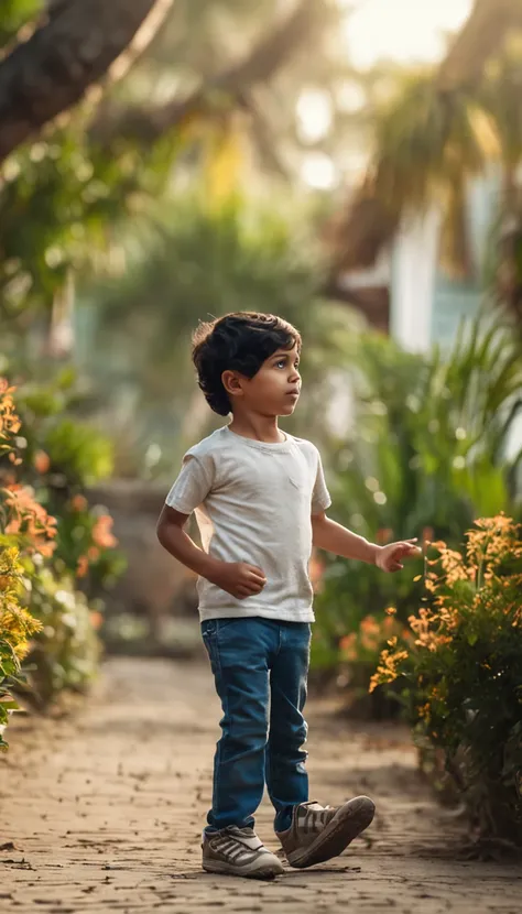 A -6 year-old boy standing in a garden, black hair, brown eyes, white t-shirt, blue shorts, feliz, feliz, qualidade perfeita, foco claro (Detalhes intrincados) (8K) (Detalhe Olho) (foco nítido), (Feliz) correndo dentro do jardim. play chess forest