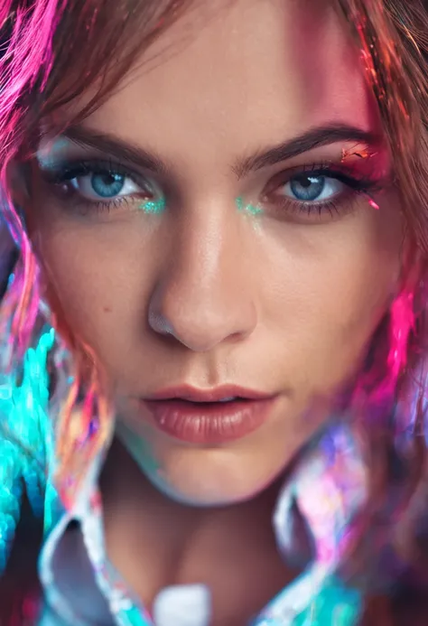 redshift style, (analog style:1.2), sexy, realistic, photo shoot, professional, high contrast, [Nina Dobrev|Emma Stone], 1boy, solo, expressive look, hearts,   detailed eyes, eyes by Ilya Kuvshinov style, sharp pupils, realistic pupils, glitter makeup, glo...