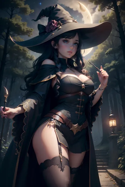 detailed background, superb, 1girl, flustered, concentration, casting spell, holding wand, magic, mage, witch hat, witch, (single thighhigh:1.1), darkness, vibrant colors, dark background, highly detailed face, beautiful 8k wallpaper, extremely detailed, i...