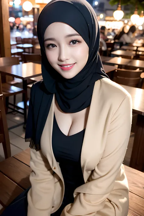 1girl, hijabi, ((moroccan coat)), lips, lipstick, long skirt, realistic, solo, sitting, best quality, japanese girl, wearing hijab, photorealistic, masterpiece, 8k, high res, solo, (((woman))), (big breast), ((looking at the viewer)),(smiling at the camera...