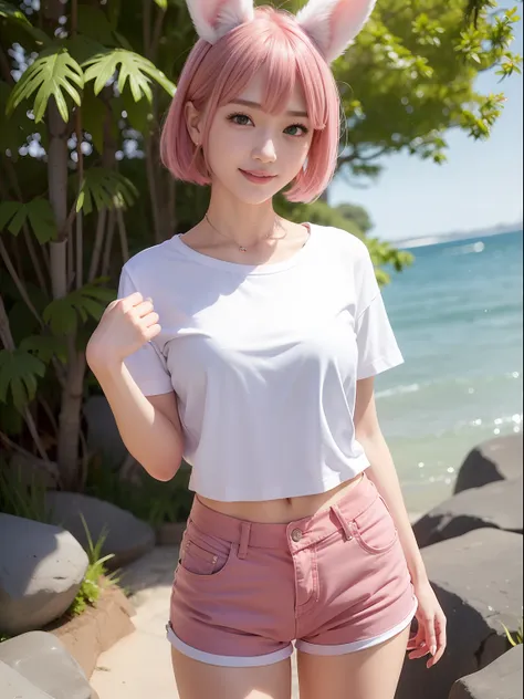 large t-shirt、pink shorts、knee-length t-shirt、pink shortcut bob、realistic rabbit ears、rabbit ears pink hair sticking out of the ...