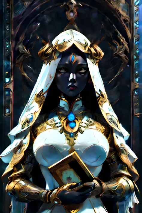 masterpiece of an assertive, gold and porcelain female robot with a (black porcelain emotionless face and pure white eyes), wear...