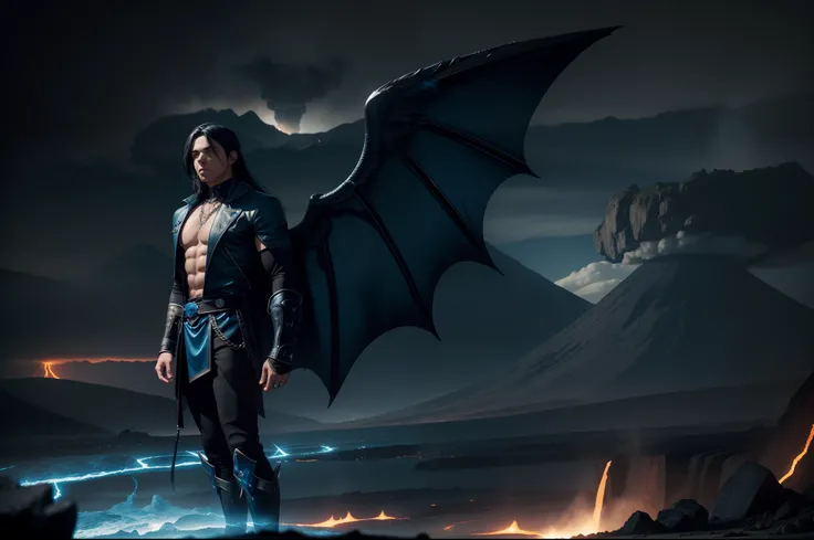 Young man as an fallen angel. Athletic, dressed with blue and black leather rags, big bat wings in sapphire and aquamarine. Long dark hair, chains, dynamic scene. Night. Lava and volcanos on the background.