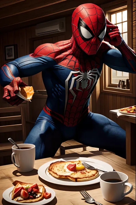 close up, Spiderman eating breakfast in a cabin, symmetrical balance, hyper-realistic