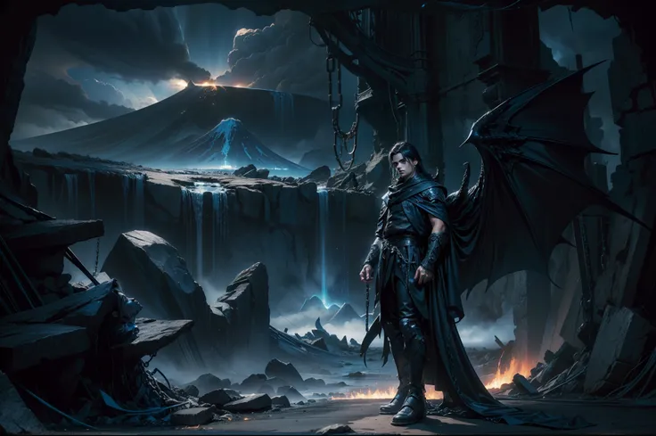 Young man as an fallen angel. Athletic, dressed with blue and black leather rags, big bat wings in sapphire and aquamarine. Long dark hair, chains, dynamic scene. Night. Lava and volcanos on the background.