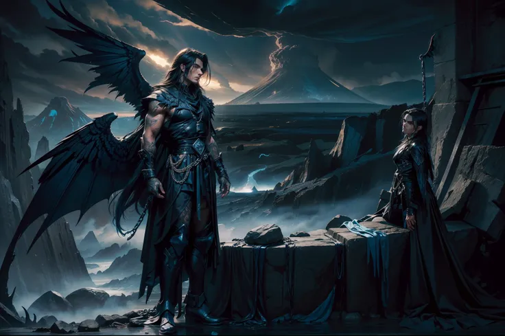 Young man as an fallen angel. Athletic, dressed with blue and black leather rags, big bat wings in sapphire and aquamarine. Long dark hair, chains, dynamic scene. Night. Lava and volcanos on the background.