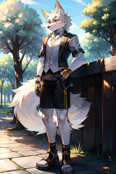 Golden high-fidelity mechanical wolf，Wear a white vest，Black  shorts，sandals，Standing in the park