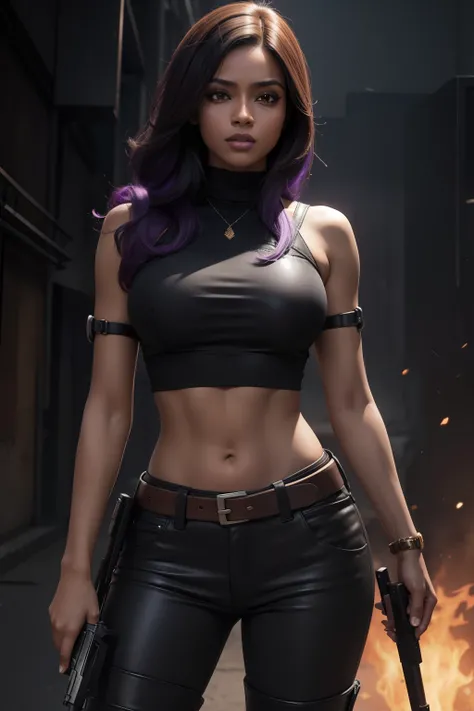 mulher de pele negra, cabelos ondulados pretos, CROPPED ROXO, black trousers, botas pretas, HOLDING A GUN IN YOUR HANDS, guerra, JOGO FREE FIRE GARENA, altamente detalhado