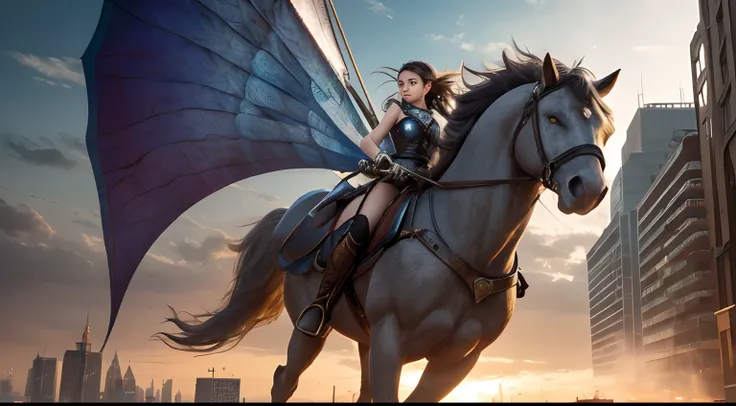 (Best Quality, Masterpiece: 1.1), (Realistic: 1.4), Beautiful girl is riding on the monster, god ray ,teen, silver short hair, blue eyes, over the city, fractal art,Girl holds a sword in her right hand、monster is runnig，The city on fire