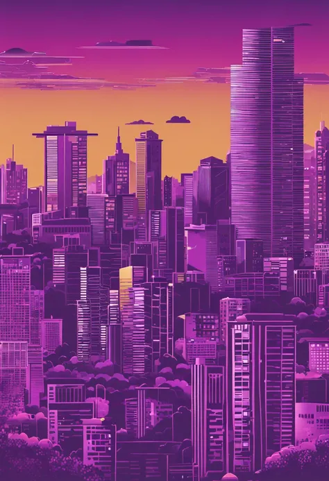 Purple city skyline with skyscrapers in the background, Paisagem urbana escura, Skyline da cidade, bar charts, horizonte urbano, esquema roxo escuro, Cidade do Futuro Roxo, bg escuro, Cityscape, skyline mostrando, 5 feet away, elevando-se sobre uma cidade,...