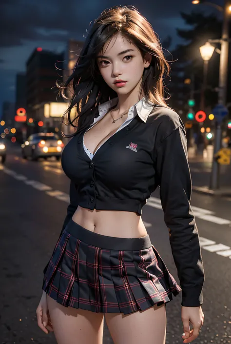 Best quality, masterpiece, ultra high res, (photorealistic:1.4), raw photo, (perfect body shape), (slim:1.2), dynamic pose, 1girl, (full figure:0.9), solo, big breasts, sagging breasts, school uniform, plaid mini skirt, in the dark, night, on the street, d...