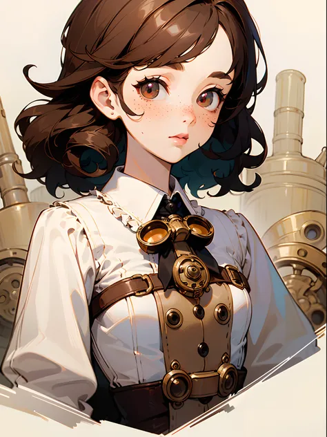 (masterpiece:1.4), (best quality:1.4), (high-resolution:1.2), (1 cute woman), flat chest, short curly brown hair, freckles on face, freckles on body. purple and brown multicolored eyes. steampunk goggles on top of head. Victorian scientist, (white and brow...