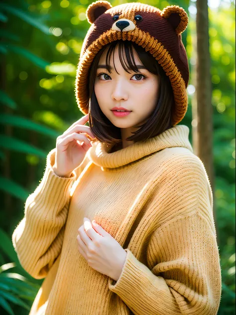 male people、(Oversized_Wearing a sweater、Bear Hat:1.3)、Good Hand、4K、hight resolution、​masterpiece、top-quality、headw:1.3、((Hasselblad photo))、Fine skin、foco nítido、(lighting like a movie)、Soft lighting、dynamic ungle、[:(详细的脸:1.2):0.2]、((at a forest)))、