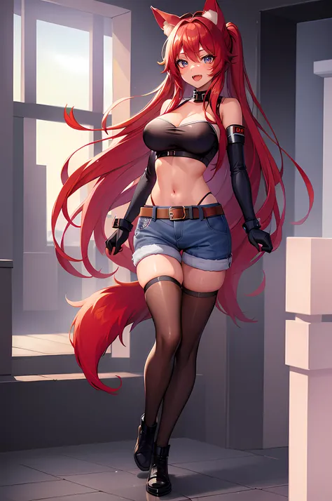 ((masterpiece, high quality, best quality:1.4)), (liru:1.1), solo, animal ears, wolf ears, (red hair:1.2), wolf girl, dark skin, dark-skinned female, long hair, blue eyes, extra ears, tail, wolf tail, ponytail, gloves, beltbra, shorts, large breasts, white...