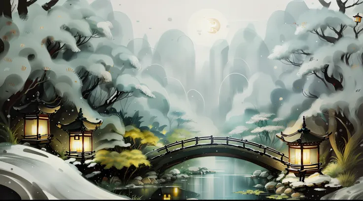 masterpiece,best quality,Chinese martial arts style,an snowing asian night scene with lanterns and water lilies,asian pond with many lanterns and boatsa night scene with many lights and boats in the water, snowflakes ,Lake surface, lotus flowers,beautiful ...