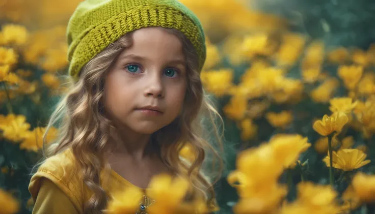 yellow cute fairy, face of a 6 years old child, green eyes