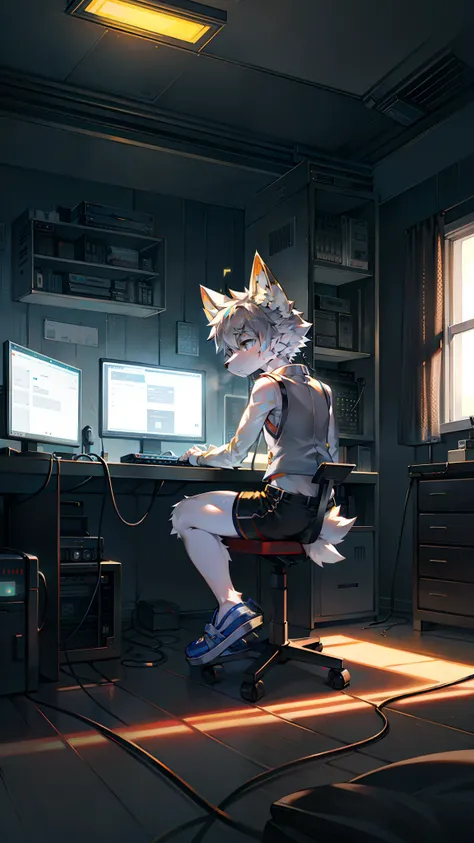 Golden hi-fi mechanical wolf，Wear white vest，Black  shorts，slippers。electrical wires，Electric currents，Computer，sat on the ground