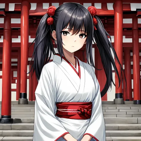 (Masterpiece,newest,exclusive:1.2), the anime, semi-realistic, Girl in white yukata, angry, Stern face, looking a viewer, official arts, black hair, beautiful symmetric face, Beautiful 8K eyes, pony tail. Against the backdrop of a Japanese red temple