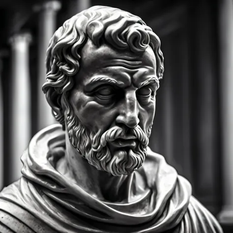 Seneca, close-up of a classic wise greek philosopher, statue in a temple, stoic posture, greek god, wisdom, cinematic feel, black and white, ultra realistic, ultra detailed and handcrafted in every aspect