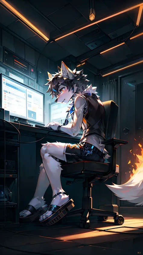 Golden hi-fi mechanical wolf，Wear white vest，Black  shorts，slippers。electrical wires，Electric currents，Computer，sat on the ground