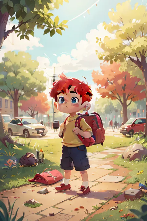 Cute little boy, 8 years old, short red hair, finding a girls bag on the ground in the park