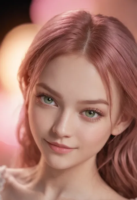 night scene, close up photo of a sexy naked girl, posing, look at a camera and smile, pink ponytail hair, (green eyes:0.8), cute young face, 18 yo, soft volumetric lights, (backlit:1.3), (cinematic:1.3), intricate details, (ArtStation:1.2)