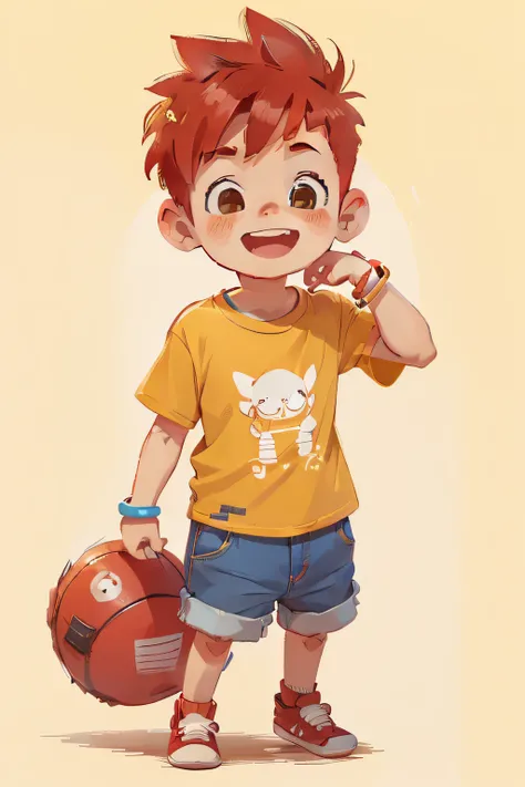 Cute little boy, 8 years old, short red hair, yellow T-shirt, denim shorts, red shoes, smiling, holding a bracelet