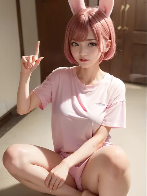 Large T-shirt、Pink shorts、Knee-length T-shirt、Pink T-shirt、Fold your hands behind your back、Pink Shortcut Bob、Realistic rabbit ears、rabbit ears pink hair sticking out of the head,,、Beautiful shaped hands、K-POP、Pink rabbit ears、1 girl in、独奏、​masterpiece、top...