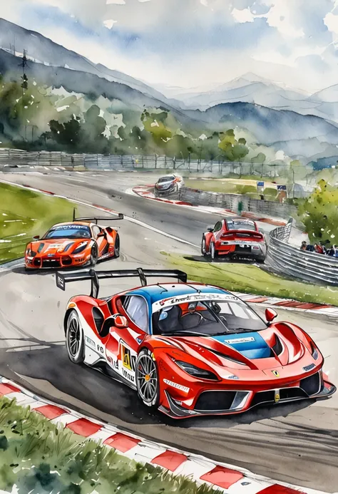 "Around Quority(Ferrari 488 GT3 |)Cars race on the village circuit during the day，A mouthful of blood and speed。"