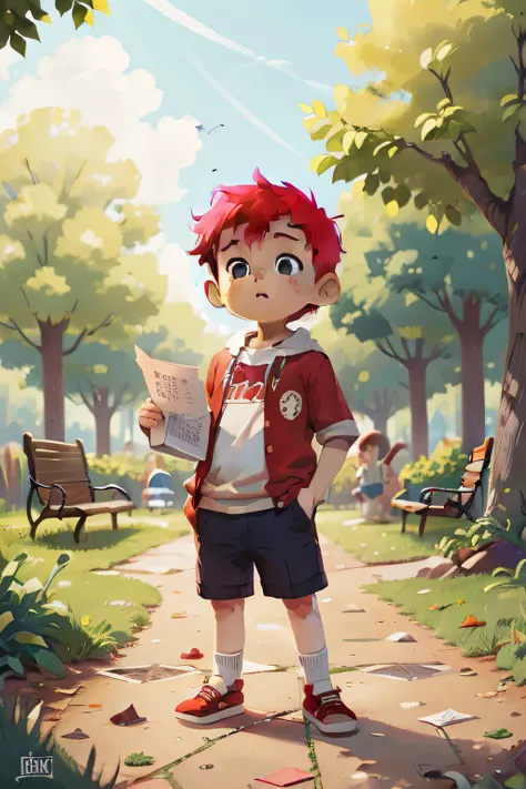 Cute little boy, 8 years old, short red hair, kind look, at the park, holding a note