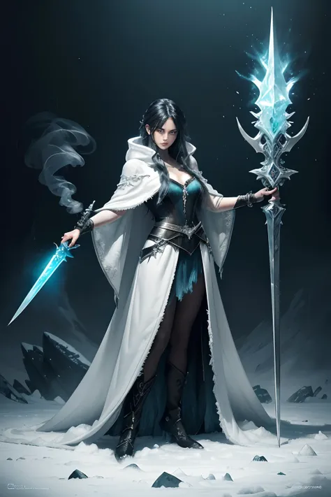 2d game dark fantasy character art, stylish pose, flash sync azure speed line, dark fantasy, (full body shot:1.4), 1 true evil, queen of ice, glowing smoke pale eyes, (sharp eyes with slant up:1.2), (freeze motion long messy and shaggy hair with hair light...