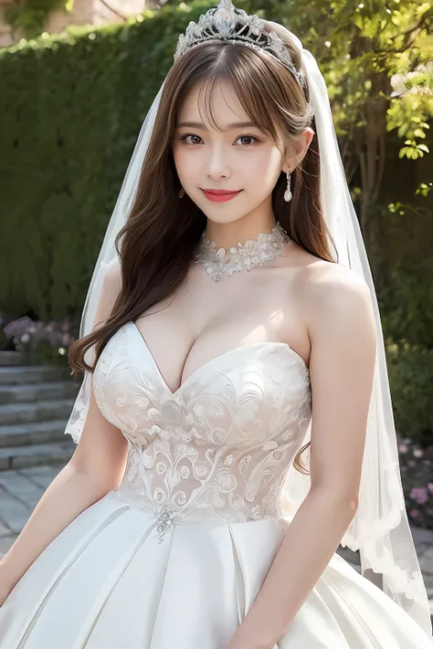 (Best Quality, masutepiece:1.2), (Realistic:1.3), (hyper detailed background, Detailed background), Bokeh, ((medium breasts)), [Beautiful valley],(Princess Line Wedding Dresses:1.3),(halterneck:1.2), Bridal tiara, Show, Bridal Veil, bridal gauntlets, Brida...