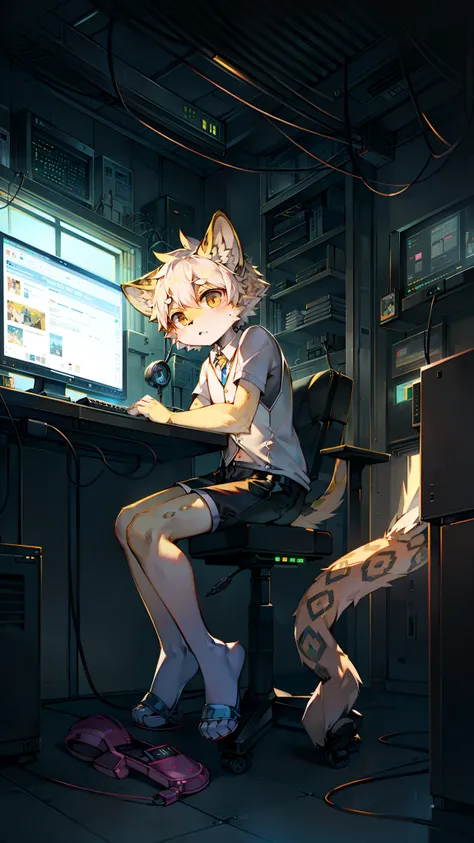 Golden hi-fi mechanical Leopard，Wear white vest，Black  shorts，slippers。electrical wires，Electric currents，Computer，sat on the ground