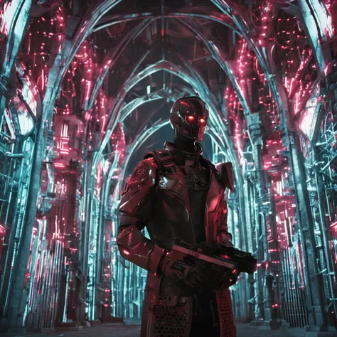 Grim portrait of Captain Patria from The boys with intricate angular cybernetic implants inside a brutalist building, Gothic brutalist cathedral, cyberpunk, foto premiada, bokeh, neon lights, cybernetic limb