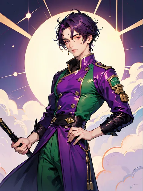 (stunning masterpiece:1.4), (top-tier quality:1.4), (unbelievably high-resolution:1.2), (1 handsome male), with vibrant purple hair, freckles on his face, and captivating red and green multicolored eyes. He is dressed in a stylish green and purple outfit:1...