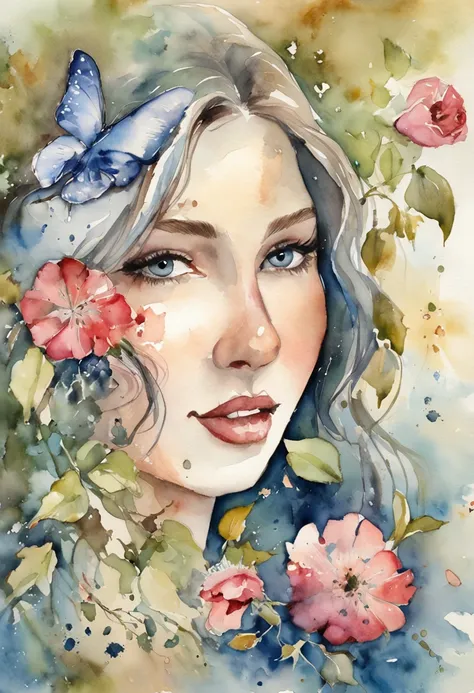 Young girl about 25 years old with blue eyes, muy bella a los pies de la tumba de su madre rodeada de flores y mariposa, with a bouquet of flowers in his hand and the image of Jesus in heaven