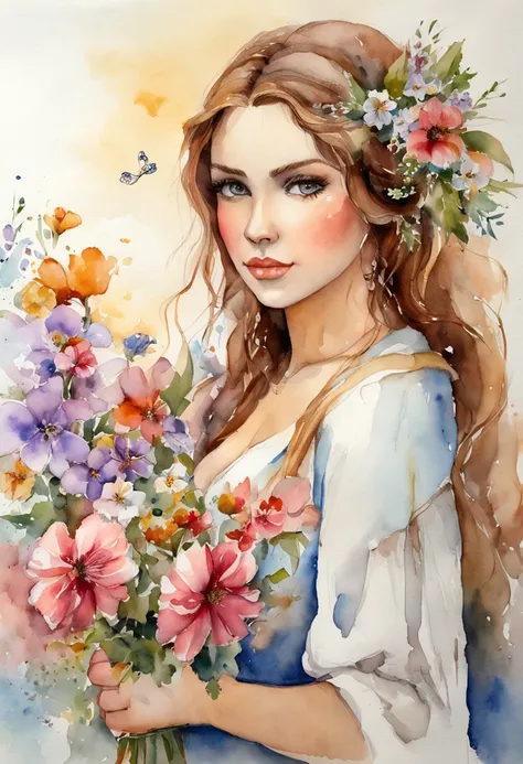 Young girl about 25 years old with blue eyes, muy bella a los pies de la tumba de su madre rodeada de flores y mariposa, with a bouquet of flowers in his hand and the image of Jesus in heaven