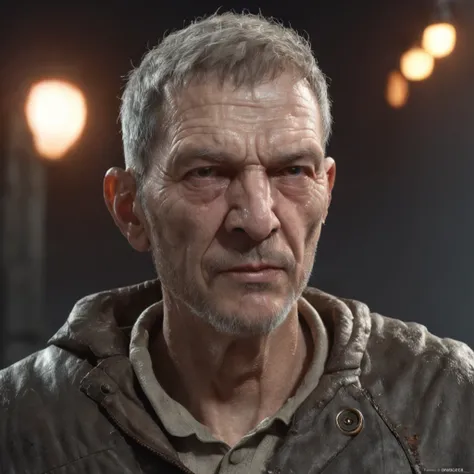 (Professional 3D Rendering:1.3) da (Realistic:1.3) The most beautiful artistic picture in the world，Features a smooth and shiny masculine appearance, ((Old epic fantasy man CIBORG elderly thin rough look despair short hair short beard and sad expression in...