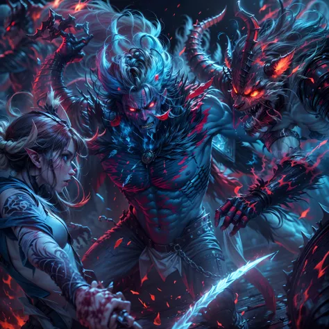 blue ice Demons， Demon army，Charge, kill, gory art，Sacred library，Fight each other，(extremely colorful, Best quality, high detailed, Masterpiece, Cinematic Lighting, 4K, Chiaroscuro)