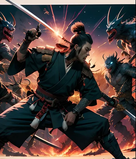 Approximately 20 years after the feudal era, A samurai with a katana emanating a black aura facing off against several monsters ready to attack him.