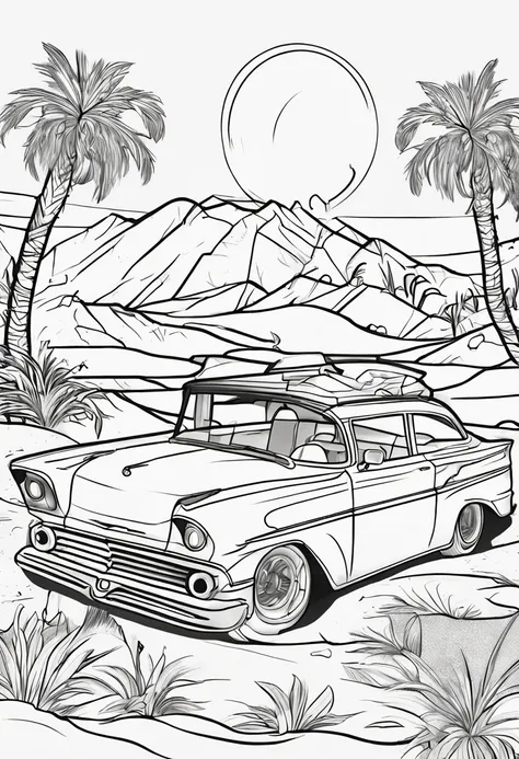 coloring book of an car in the desert, cartoon style, thick lines, no color, white background, strokes only