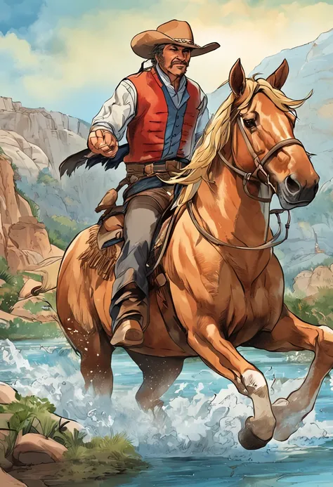 a closeup of a man riding a horse in a river, cavalry, Giga Chad Capaybara, the front of a trading card, 🐎🍑, Cover photo, Cover of a new video game, Director: Giorgio Cavallon, Director: Matt Cavotta , box art, Director: Ellen Gallagher, game cover, Style ...