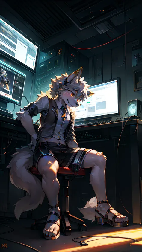 Golden hi-fi mechanical wolf，Wear white vest，Black  shorts，sandals。electrical wires，Electric currents，Computer，sat on the ground