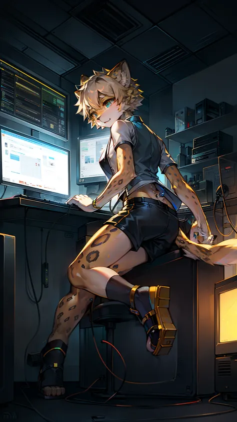 Golden hi-fi mechanical Leopard，Wear white vest，Black  shorts，sandals。electrical wires，Electric currents，Computer，Lie on the charger