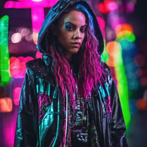 ((Melhor Qualidade)), ((Obra-Prima)), ((Realista)) and ultra-detailed photograph of a 1nerd man with gothic and neon colors. Ela tem ((cabelo turquesa)), usa uma jaqueta techwear e exala uma vibe ((beautiful and aesthetic)), sexy, underboobs, hot