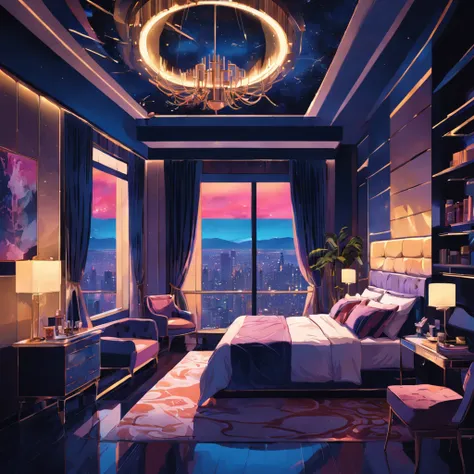 Vector image, adobe illustrator, interior view, a hotel room on the 100th floor in a luxury hotel in New York, grunge, multicolored palette, neon, extremely detailed, 8k movie backdrop, golden ratio, book on top of bed, image uncut, night view of the illum...