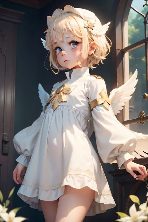 /imagine prompt:a full-bodied child angel with white tunic with wings with angelic gaze standing playing an RPA with blond hair